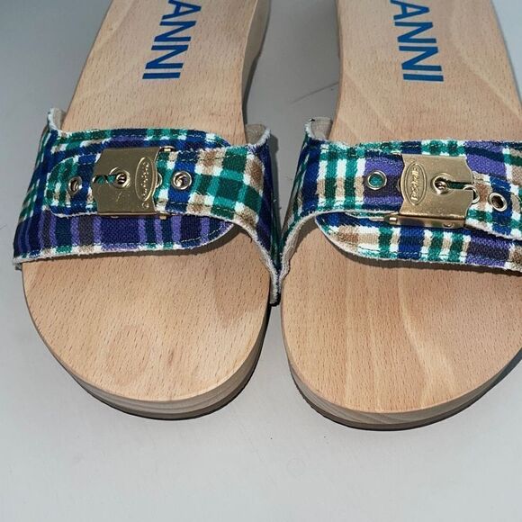 Ganni Dr Scholl’s Wooden Clogs in Check Blue Iris Size 10 New - Picture 2 of 11